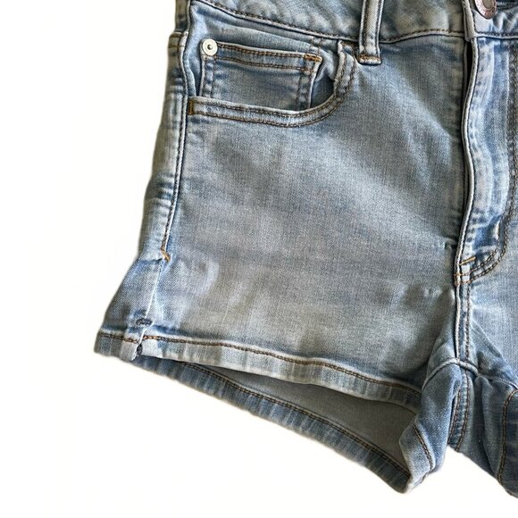 American Eagle Blue Denim Super Super Stretch Hi Rise Shortie Jean Shorts Sz 8 - Picture 3 of 7